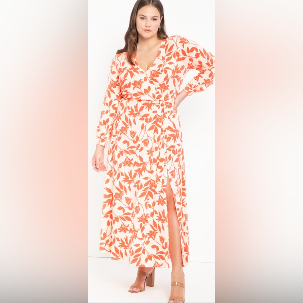 Eloquii Orange Floral Long Sleeve Faux Wrap Dress